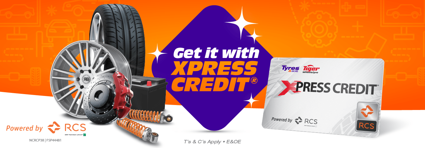 Xpress credit payment method: Tyres and more products next to an xpress credit card