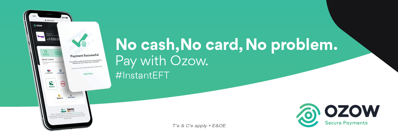 Ozow Pay with Ozow banner. A mobile app displaying the Ozow interface
