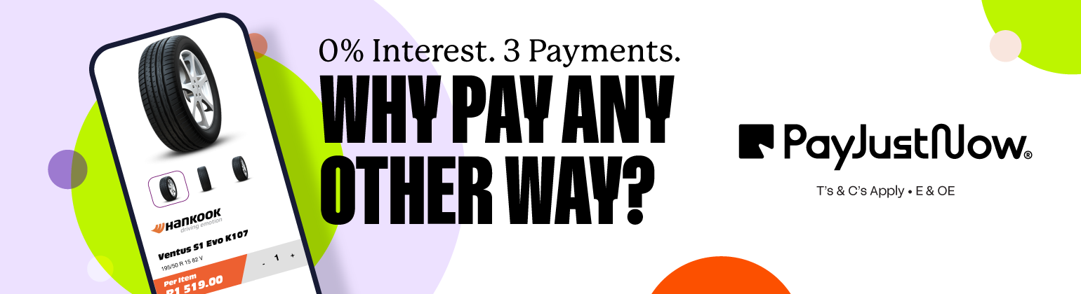 PayJustNow payment method. A mult-color background showing a phone browsing tyres online
