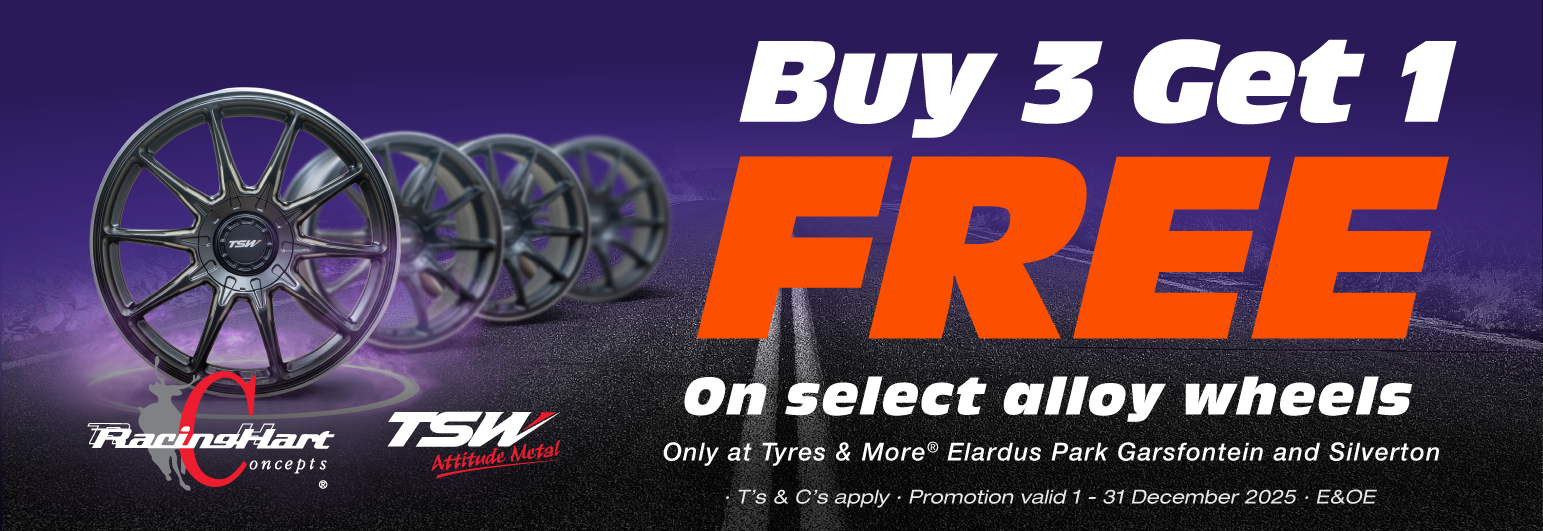 Buy 3 wheels Get 1 Free: 4 alloy wheels positioned in sequence